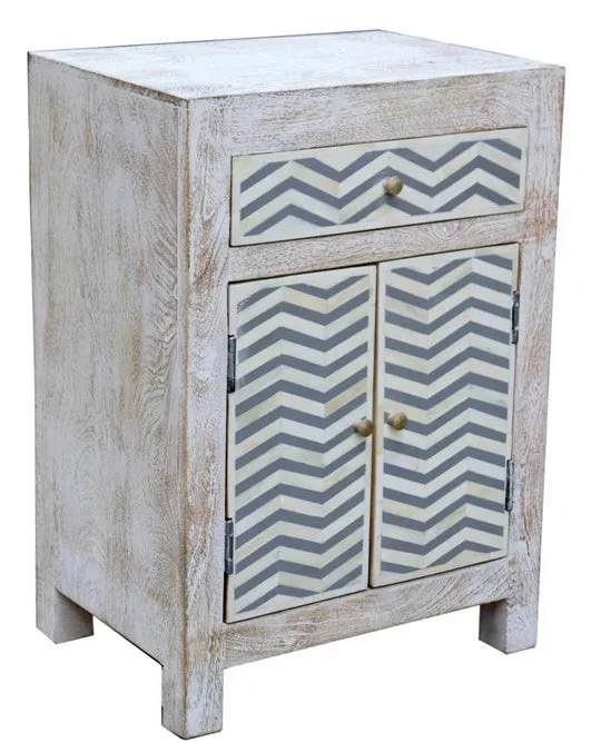 2 Drawer Whitewashed Bedside Cabinet | Grey/White Bone Chevron Design