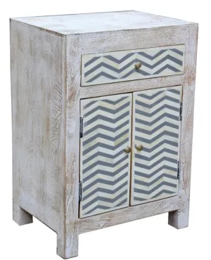2 Drawer Whitewashed Bedside Cabinet | Grey/White Bone Chevron Design