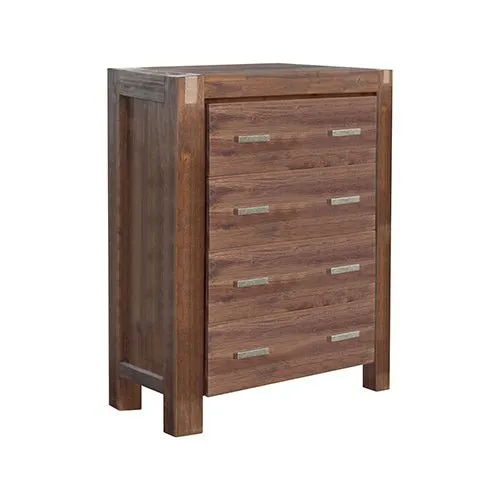 5 Pieces Bedroom Suite in Solid Wood Veneered Acacia Construction Timber Slat Double Size Chocolate Colour Bed, Bedside Table, Tallboy & Dresser