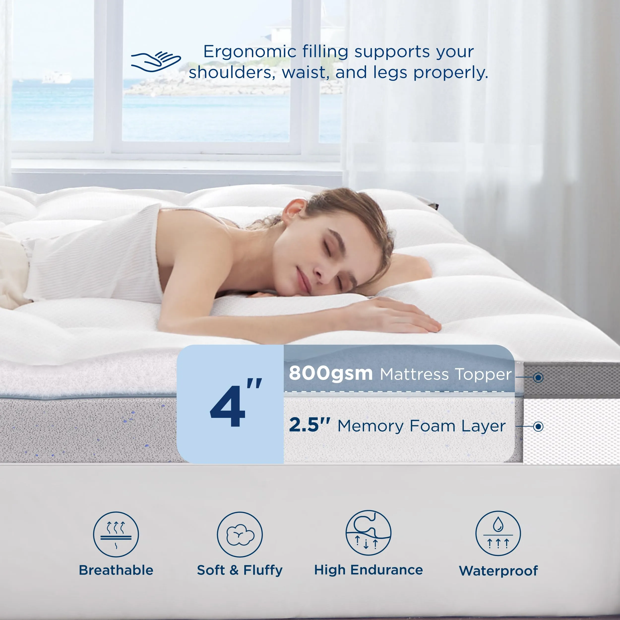 Bedsure 4 Inch Memory Foam Mattress Topper King Size, Dual Layer 2.5 Inch Gel Memory Foam & 800 GSM Waterproof Pillow Top Cooling Mattress Pad with 8-21 Inch Deep Pocket